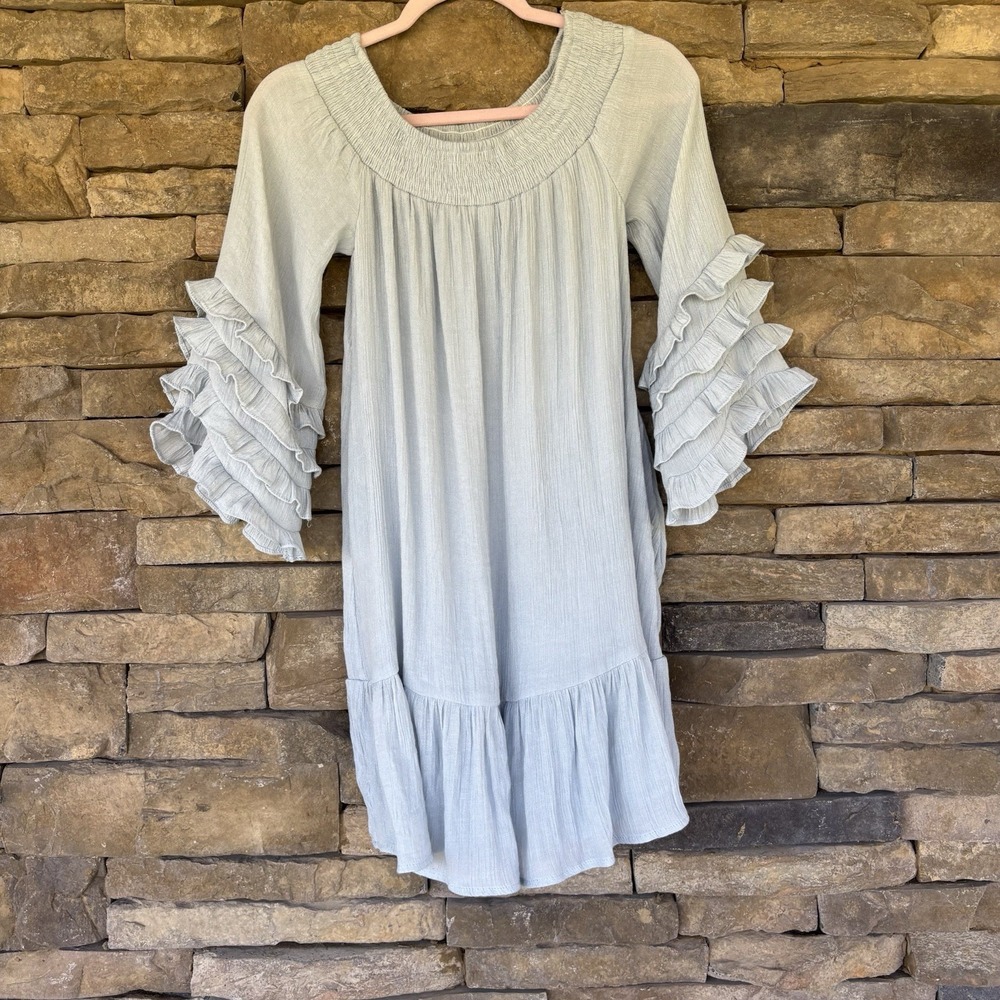 Flawless‎ Women's Dress Size Small Ruffle 3/4 Sleeve Pockets Off Shoulder Blue